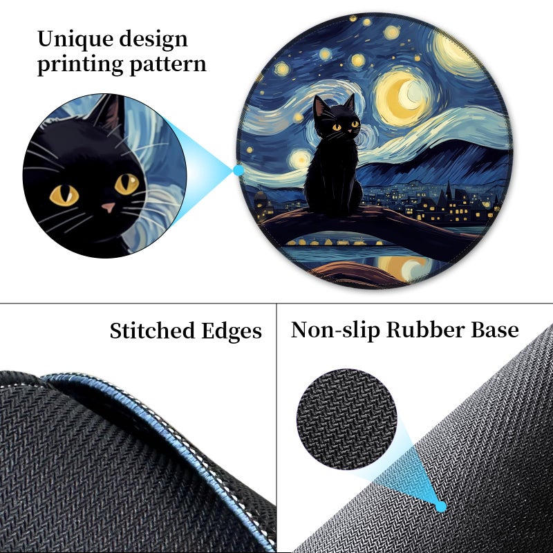 Hancynir Black Cat Mouse Pad for Desk, Starry Night Small Cute Mousepad with Non-Slip Rubber Base, Round Mouse Pads for Wireless Mouse Laptop, Computer Mouse Mat for Home Office Desk Accessories - Image 5